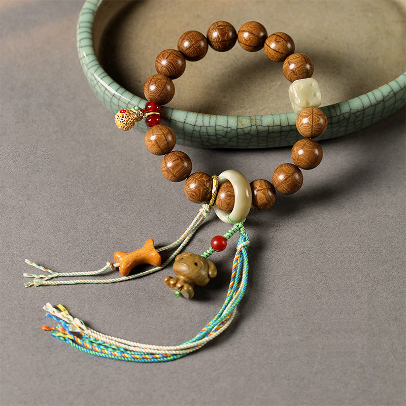 ATELIER-TIBET Bracelet Six Voies en Bois Ancien – Perles Sculptées ~12 mm & Éléments Naturels