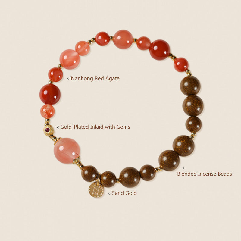 ATELIER-TIBET Bracelet Nanhong Agate & Perles Parfumées – “Cinq Voies du Dieu de la Richesse” (6–8 mm)