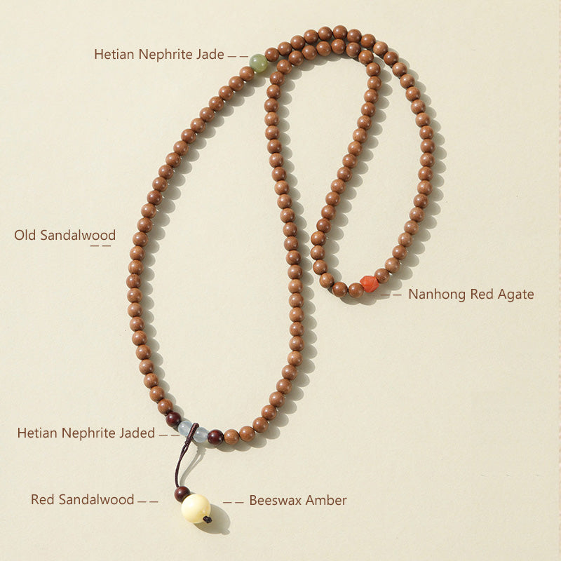 ATELIER-TIBET Bracelet Mala en Bois de Santal Ancien – Symboles Sacrés & Pierres Naturelles