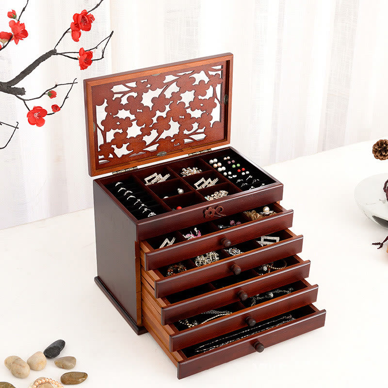 ATELIER-TIBET Boîte à bijoux en bois sculpté à six niveaux avec Buddha Stones et fleur de prunier vintage
