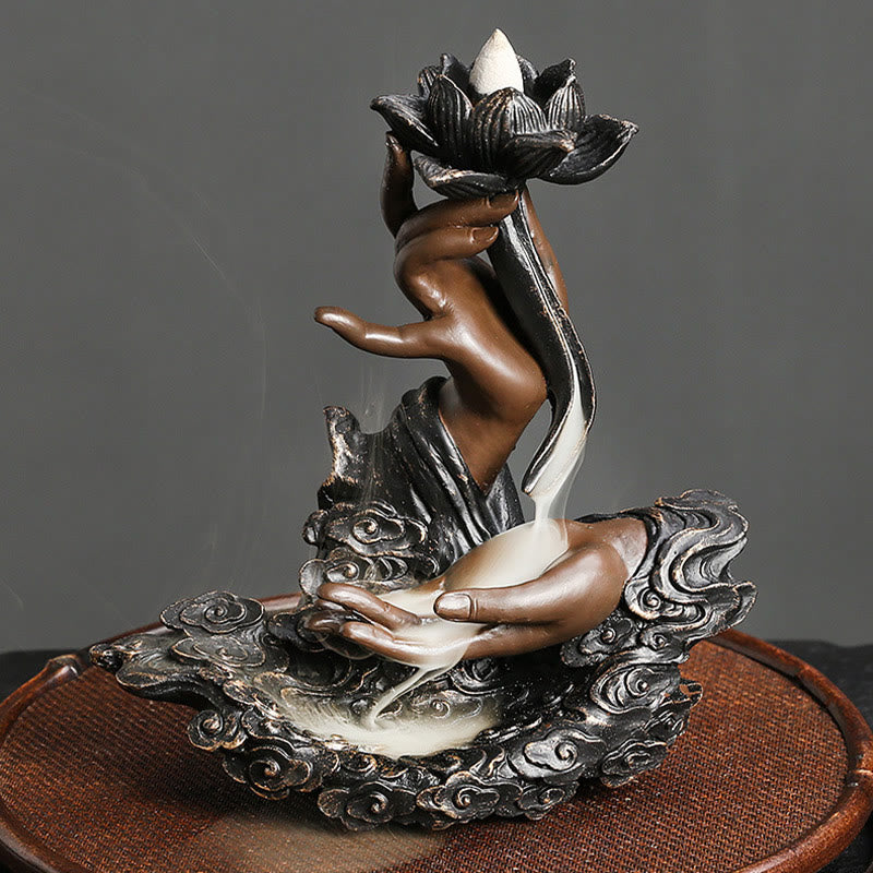 ATELIER-TIBET Brûleur d'encens à reflux en résine avec Buddha Stones et main de Bouddha, motif de nuages propices, méditation