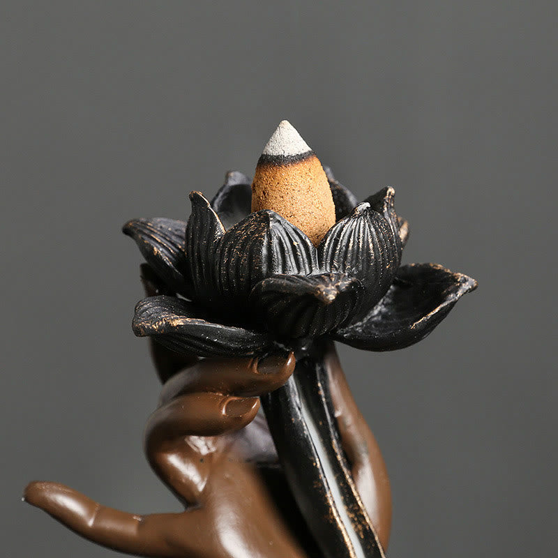 ATELIER-TIBET Brûleur d'encens à reflux en résine avec Buddha Stones et main de Bouddha, motif de nuages propices, méditation