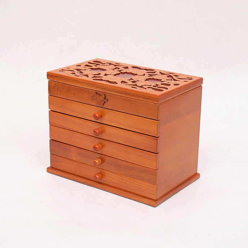 ATELIER-TIBET Boîte à bijoux en bois sculpté à six niveaux avec Buddha Stones et fleurs vintage de grande capacité