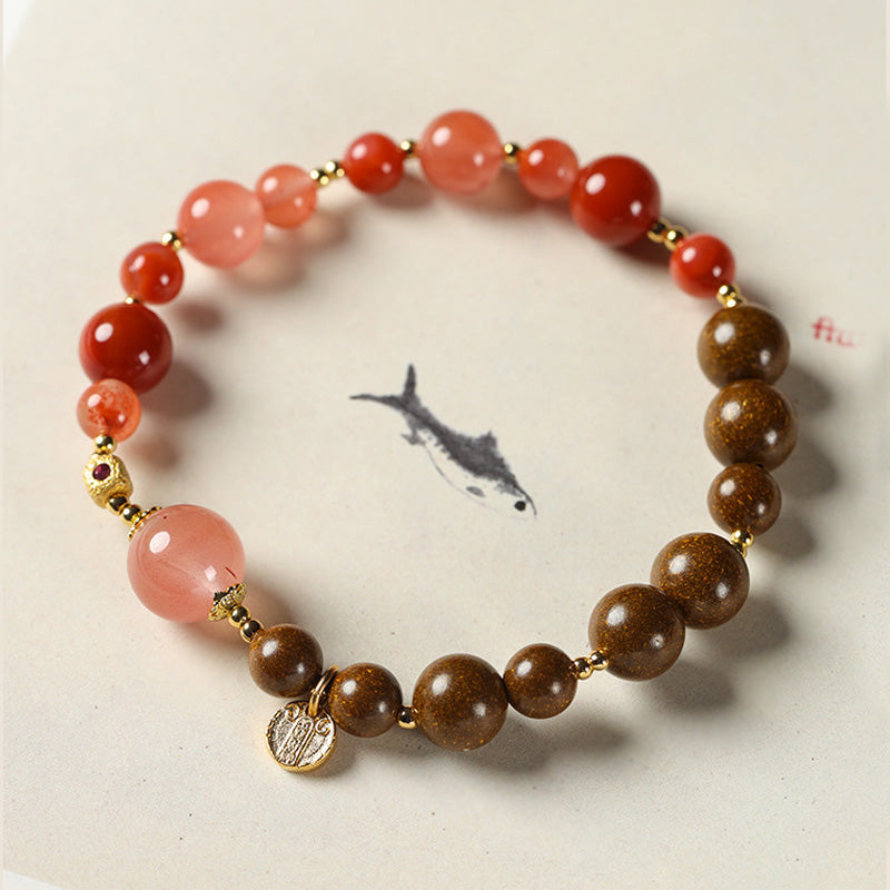 ATELIER-TIBET Bracelet Nanhong Agate & Perles Parfumées – “Cinq Voies du Dieu de la Richesse” (6–8 mm)