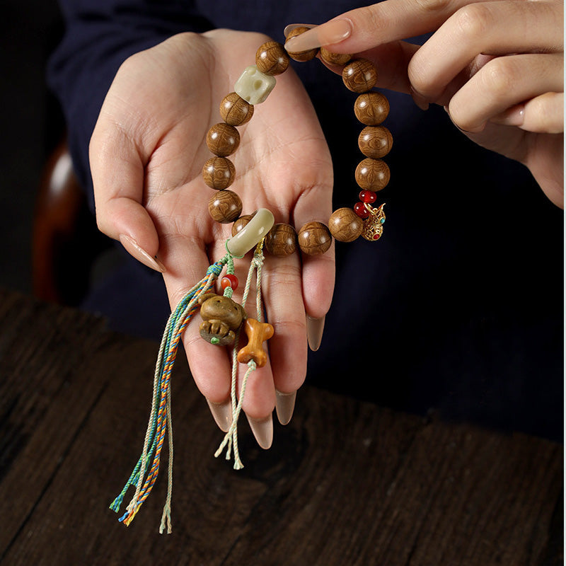 ATELIER-TIBET Bracelet Six Voies en Bois Ancien – Perles Sculptées ~12 mm & Éléments Naturels