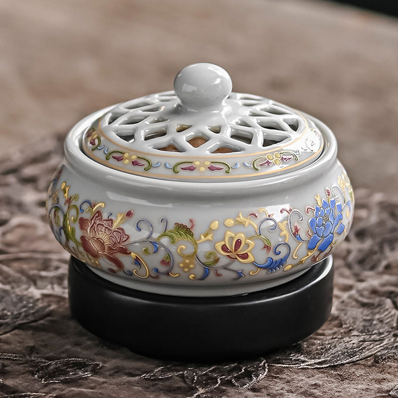 ATELIER-TIBET | Brûleur d’Encens Électrique Lotus Peint – Céramique Artisanale d’Inspiration Chinoise