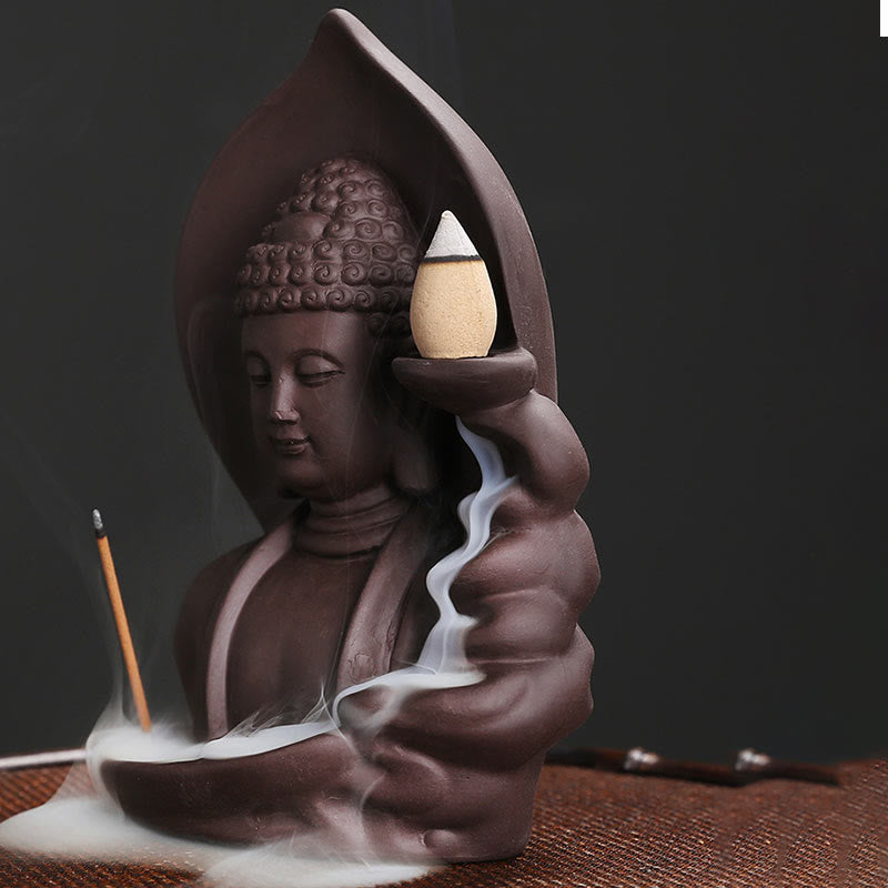 ATELIER-TIBET Brûleur d’Encens à Reflux Bouddha en Argile Pourpre – Design Lotus