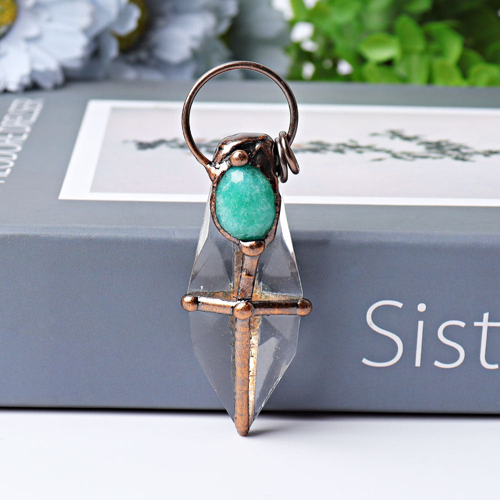 ATELIER-TIBET – Pendentif Pointe en Quartz Clair & Amazonite Naturelle – 7,6 cm