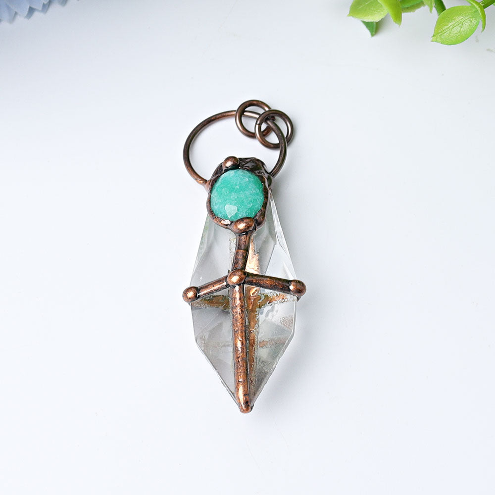 ATELIER-TIBET – Pendentif Pointe en Quartz Clair & Amazonite Naturelle – 7,6 cm