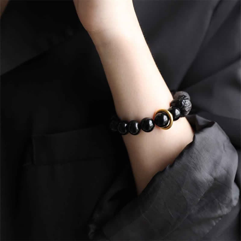 ATELIER-TIBET – Bracelet Force du Lion en Obsidienne Noire & Argentée – Perles 12 mm