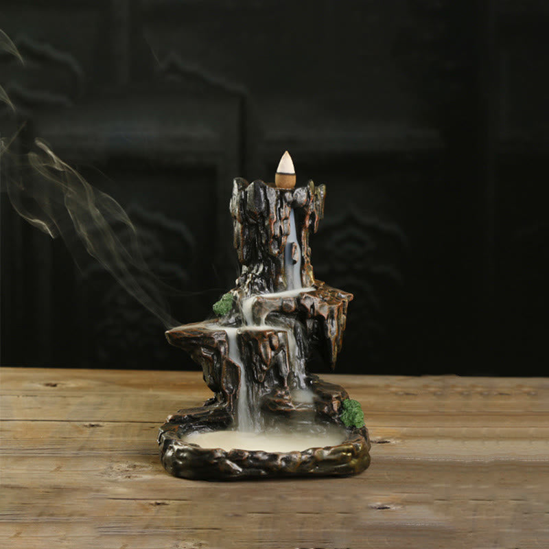 ATELIER-TIBET Brûleur d'encens à refoulement en cascade Buddha Stones et porte-encens en forme de tour de montagne