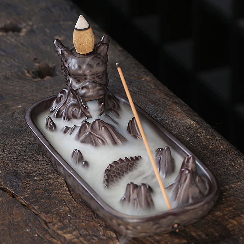 ATELIER-TIBET – Brûleur d’Encens Dragon en Céramique Montagne à Reflux