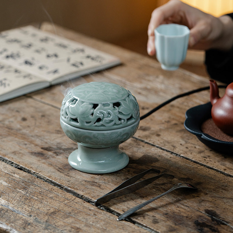 ATELIER-TIBET | Brûleur d’Encens Électrique Lotus Céladon – Céramique Artisanale