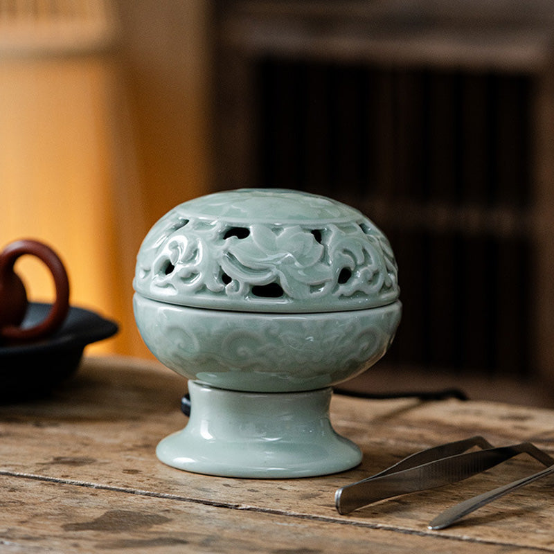 ATELIER-TIBET | Brûleur d’Encens Électrique Lotus Céladon – Céramique Artisanale