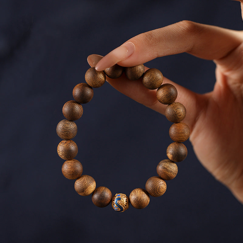 ATELIER-TIBET Bracelet Multi-Rangs Rétro Forêt en Bois d’Agar Vert – Perles 10 mm & Argent S925 Doré