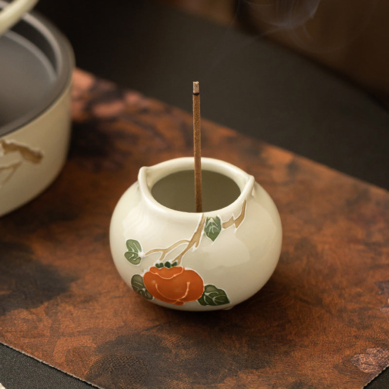 ATELIER-TIBET Porte-Encens en Céramique Shi Shi Ru Yi – Motif Kakis Auspicieux (6,7 cm)