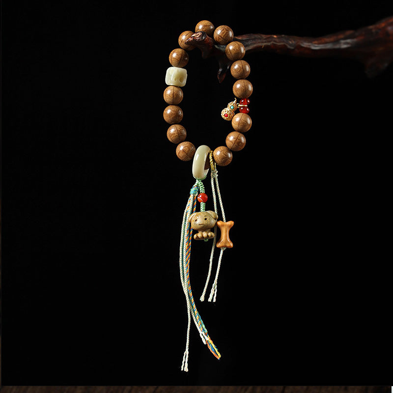 ATELIER-TIBET Bracelet Six Voies en Bois Ancien – Perles Sculptées ~12 mm & Éléments Naturels