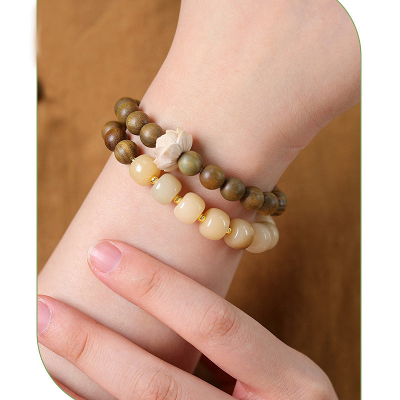 ATELIER-TIBET Bracelet Mala Lotus en Bois de Santal Vert & Graines de Bodhi – Perles ~8 mm