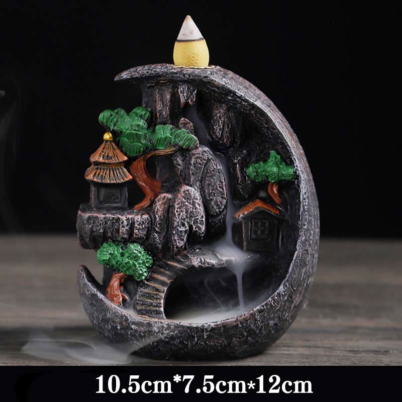 ATELIER-TIBET Brûleur d'encens à reflux en résine de méditation à motif de ponts de montagne