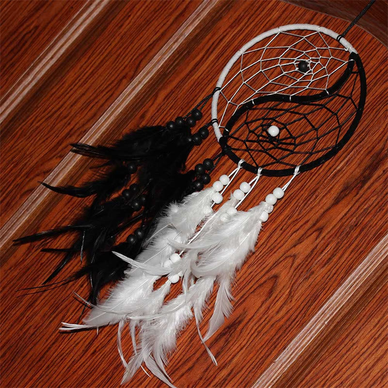ATELIER-TIBET Attrape-rêves Yin Yang Filet circulaire avec plumes Décoration d'équilibre