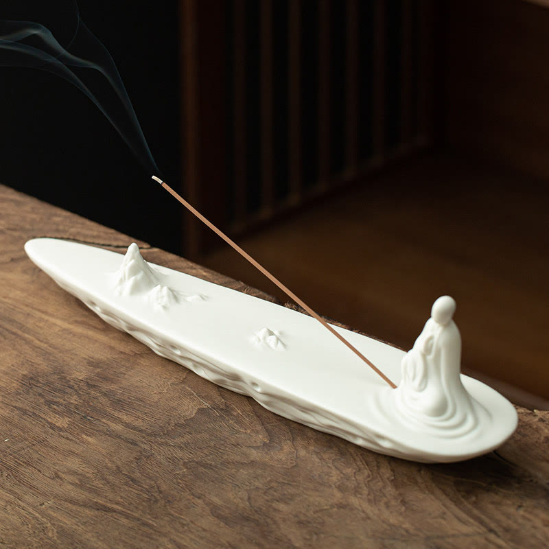 ATELIER-TIBET Brûleur d'encens en céramique représentant un moine Bouddha et une vague de mer