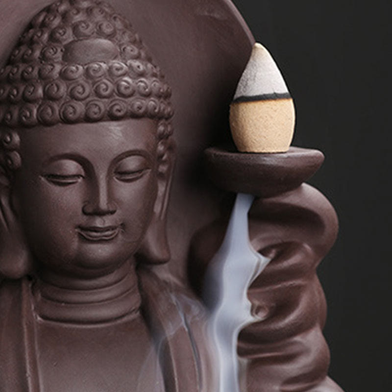 ATELIER-TIBET Brûleur d’Encens à Reflux Bouddha en Argile Pourpre – Design Lotus