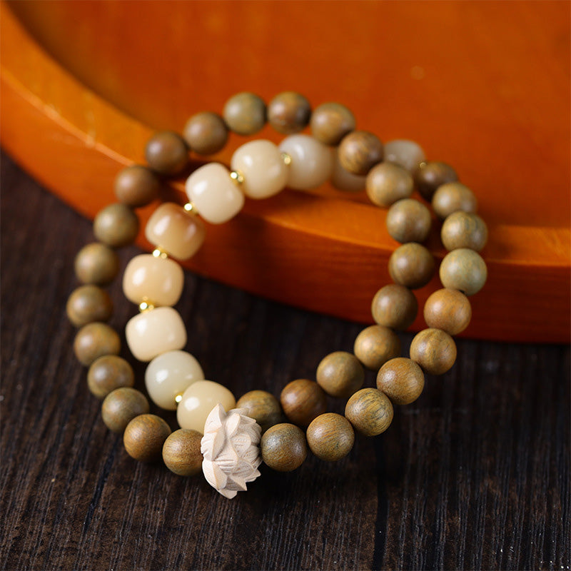 ATELIER-TIBET Bracelet Mala Lotus en Bois de Santal Vert & Graines de Bodhi – Perles ~8 mm