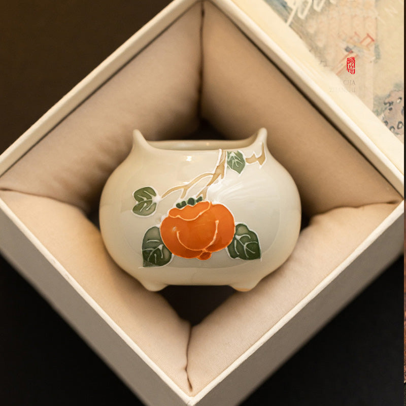 ATELIER-TIBET Porte-Encens en Céramique Shi Shi Ru Yi – Motif Kakis Auspicieux (6,7 cm)
