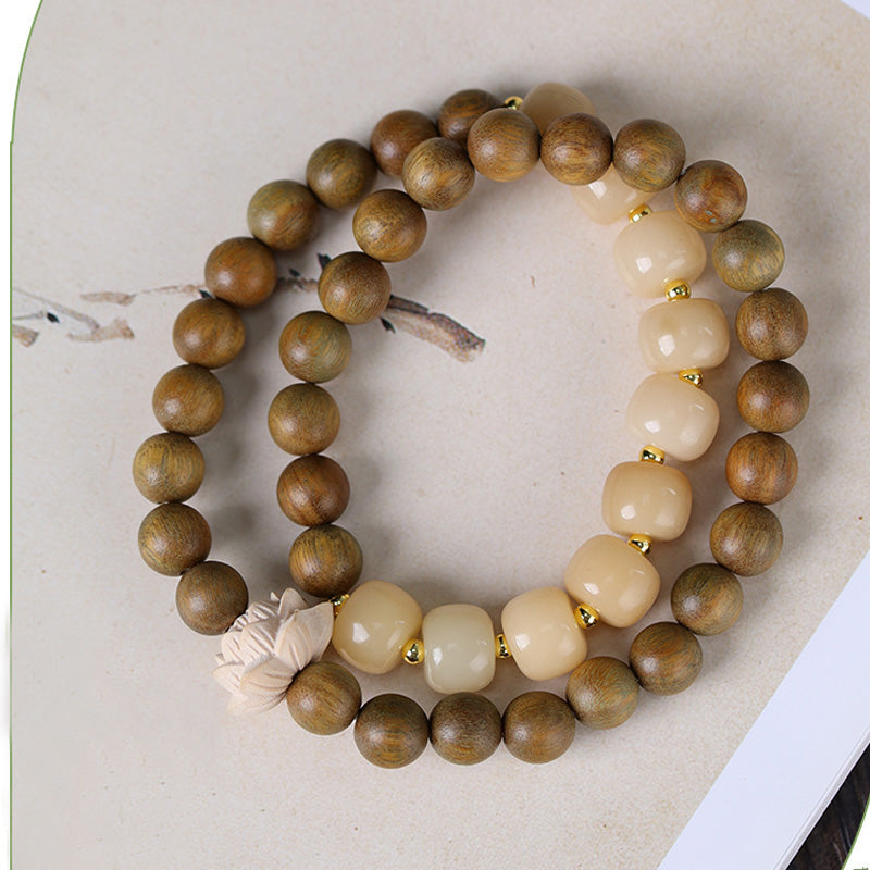 ATELIER-TIBET Bracelet Mala Lotus en Bois de Santal Vert & Graines de Bodhi – Perles ~8 mm