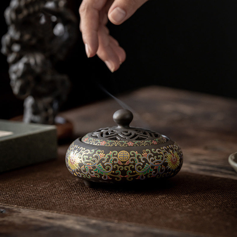 ATELIER-TIBET | Brûleur d’Encens Cloisonné Floral – Émail Artisanal Décoratif