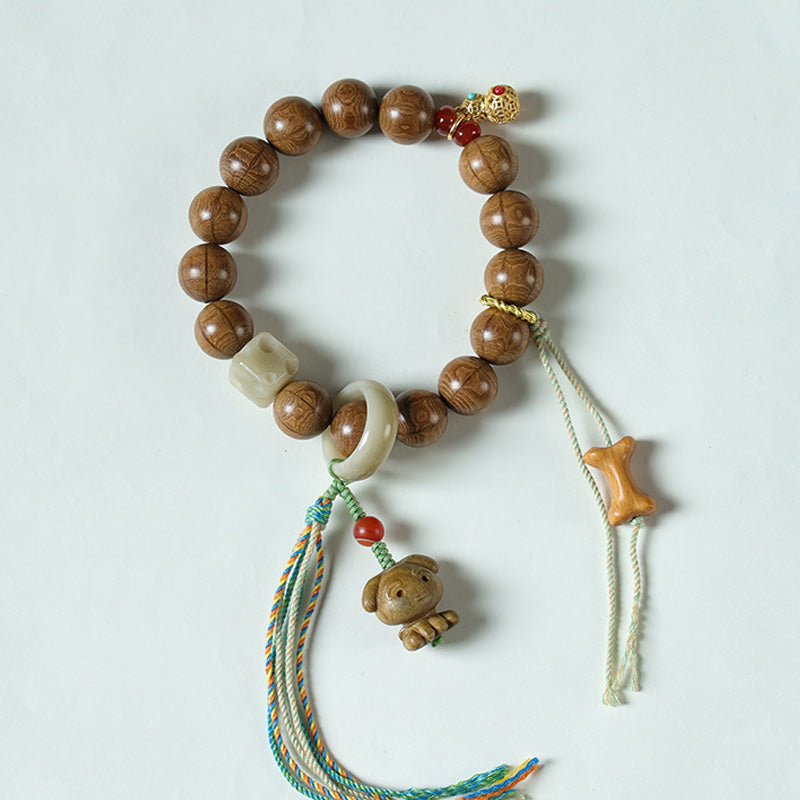 ATELIER-TIBET Bracelet Six Voies en Bois Ancien – Perles Sculptées ~12 mm & Éléments Naturels