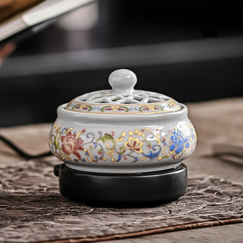 ATELIER-TIBET | Brûleur d’Encens Électrique Lotus Peint – Céramique Artisanale d’Inspiration Chinoise