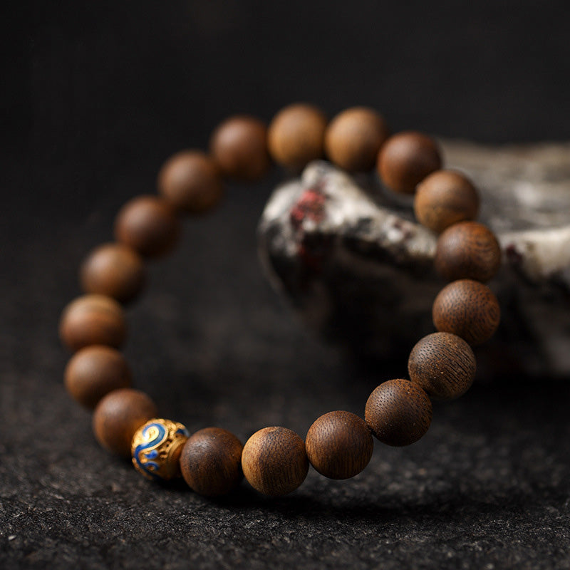 ATELIER-TIBET Bracelet Multi-Rangs Rétro Forêt en Bois d’Agar Vert – Perles 10 mm & Argent S925 Doré