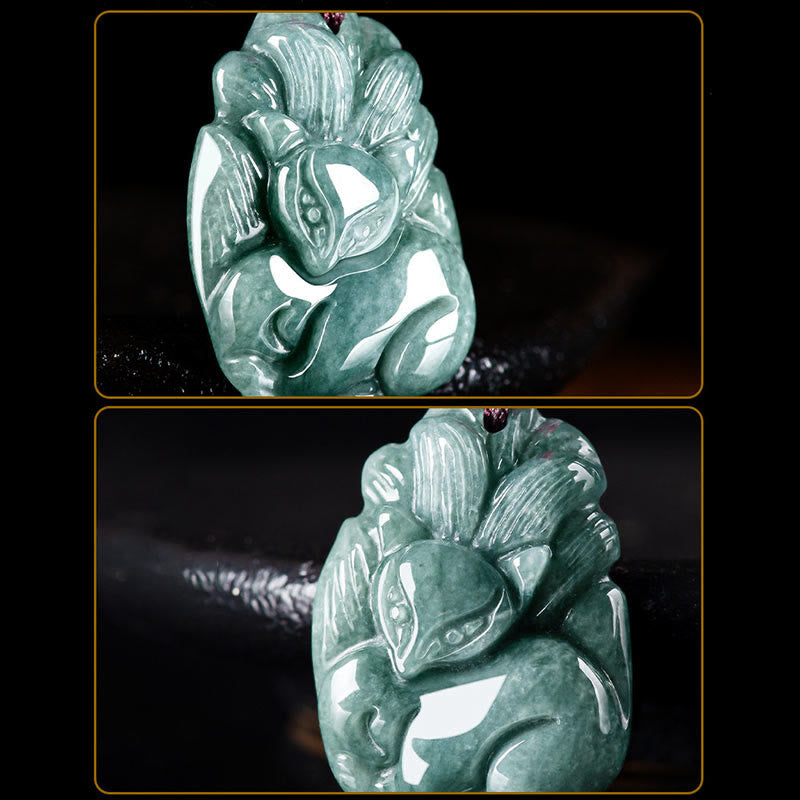 ATELIER-TIBET – Collier de Prospérité Renard à Neuf Queues en Jade Vert Naturel – Pendentif Symbolique Unisexe