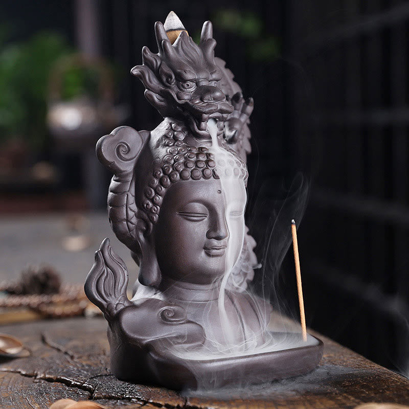 ATELIER-TIBET – Porte-Encens Bouddha Dragon en Argile Pourpre 10,5 cm pour Méditation