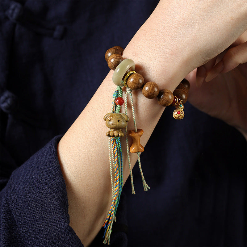 ATELIER-TIBET Bracelet Six Voies en Bois Ancien – Perles Sculptées ~12 mm & Éléments Naturels