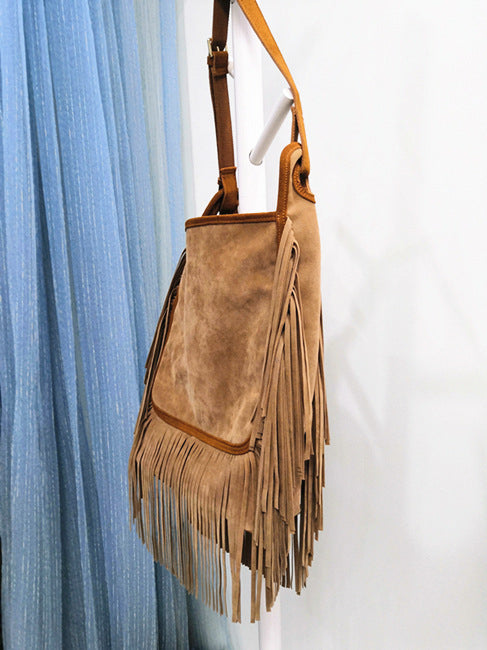 ATELIER-TIBET – Sac à bandoulière femme à franges en cuir – Cuir véritable – 28 cm