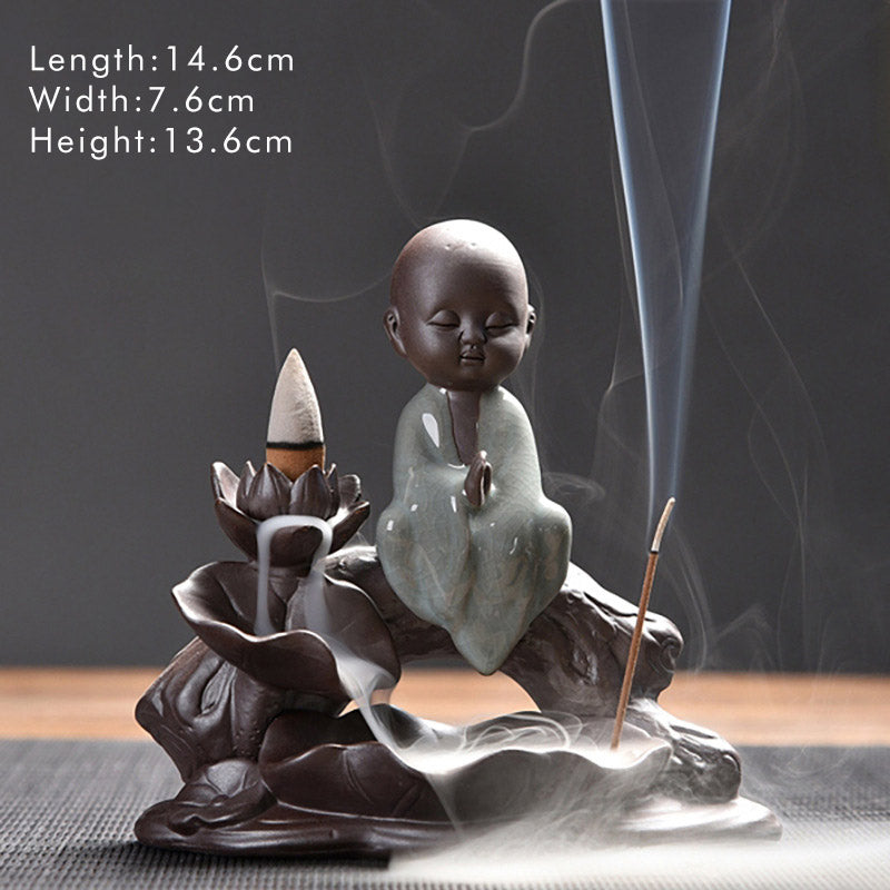 ATELIER-TIBET – Brûleur d’Encens en Céramique Lotus & Petit Moine à Reflux