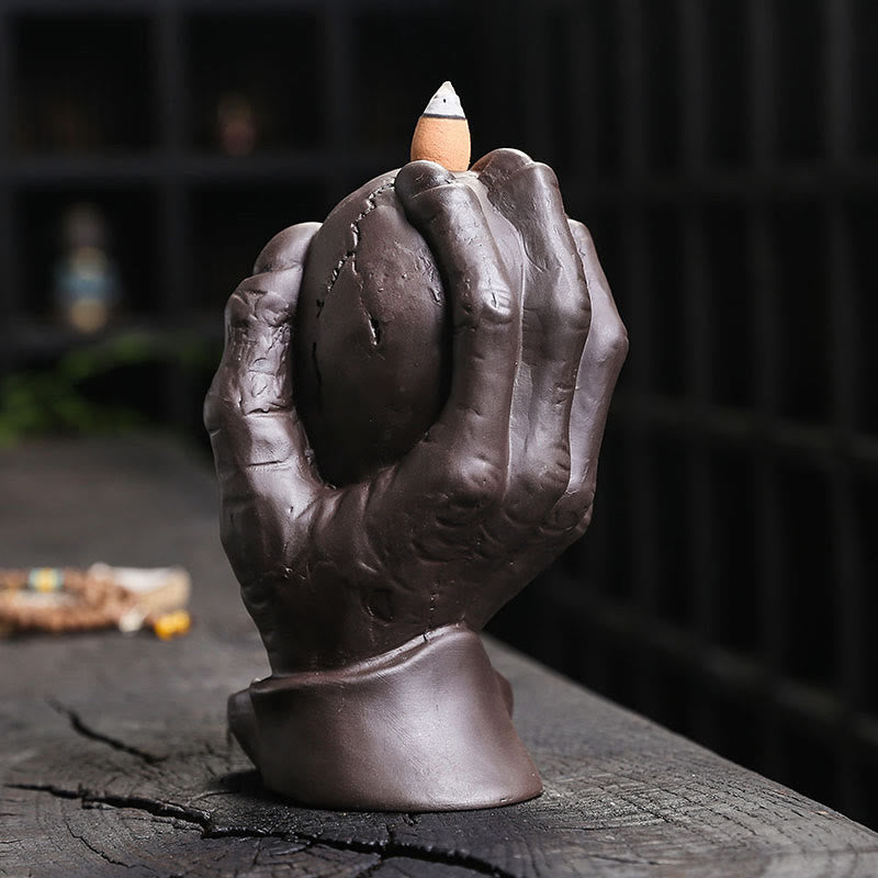 ATELIER-TIBET Brûleur d'encens spirituel en argile violette avec tête de mort et main fantôme en Buddha Stones