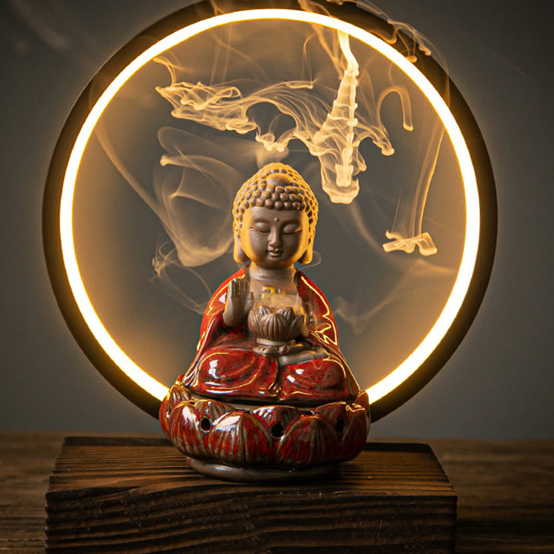 ATELIER-TIBET Brûleur d’Encens Reflux Bouddha Lotus en Céramique – Porte-Encens LED