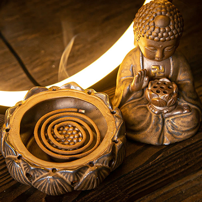 ATELIER-TIBET Brûleur d’Encens Reflux Bouddha Lotus en Céramique – Porte-Encens LED