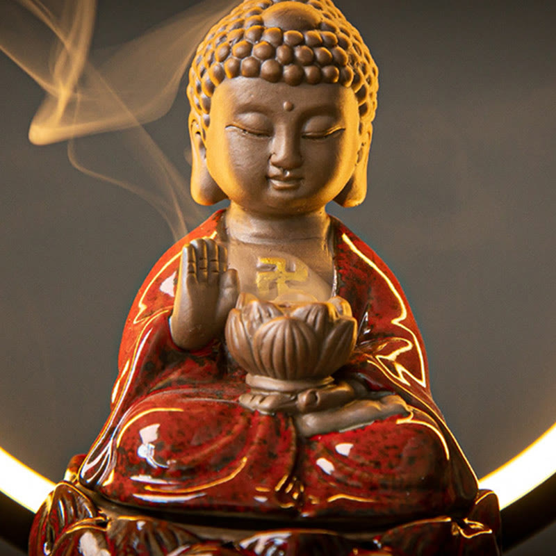 ATELIER-TIBET Brûleur d’Encens Reflux Bouddha Lotus en Céramique – Porte-Encens LED