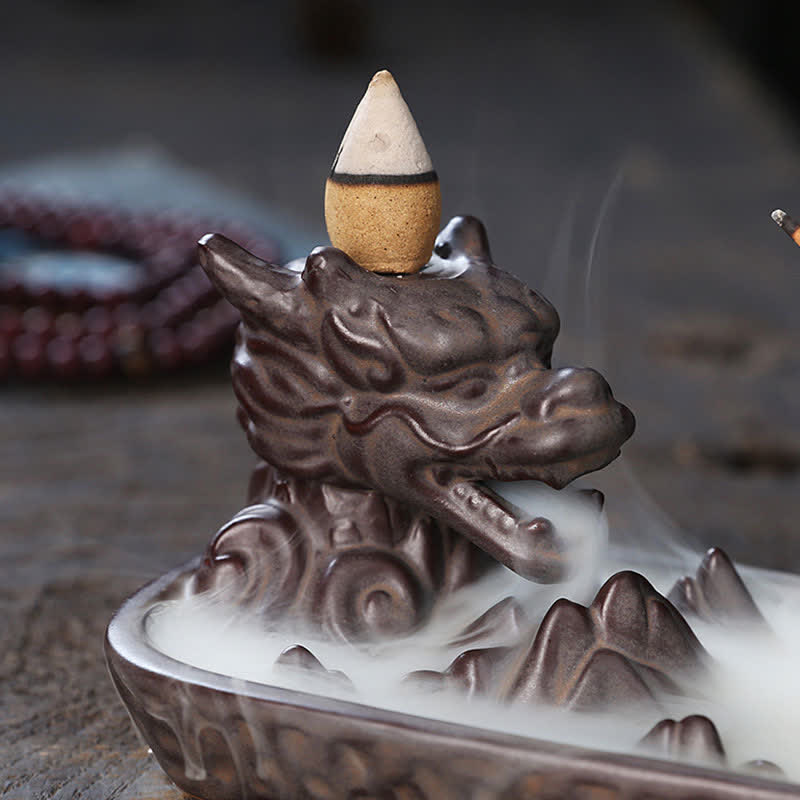 ATELIER-TIBET – Brûleur d’Encens Dragon en Céramique Montagne à Reflux