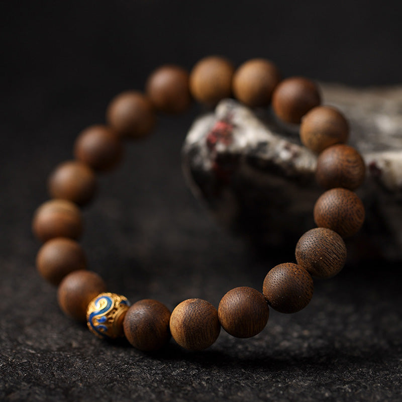 ATELIER-TIBET Bracelet Multi-Rangs Rétro Forêt en Bois d’Agar Vert – Perles 10 mm & Argent S925 Doré