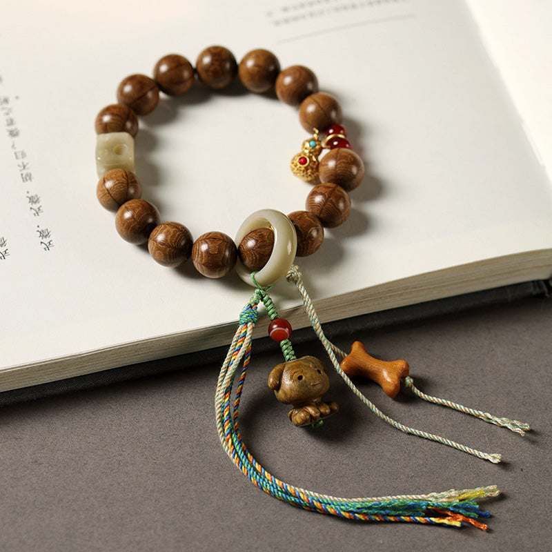 ATELIER-TIBET Bracelet Six Voies en Bois Ancien – Perles Sculptées ~12 mm & Éléments Naturels