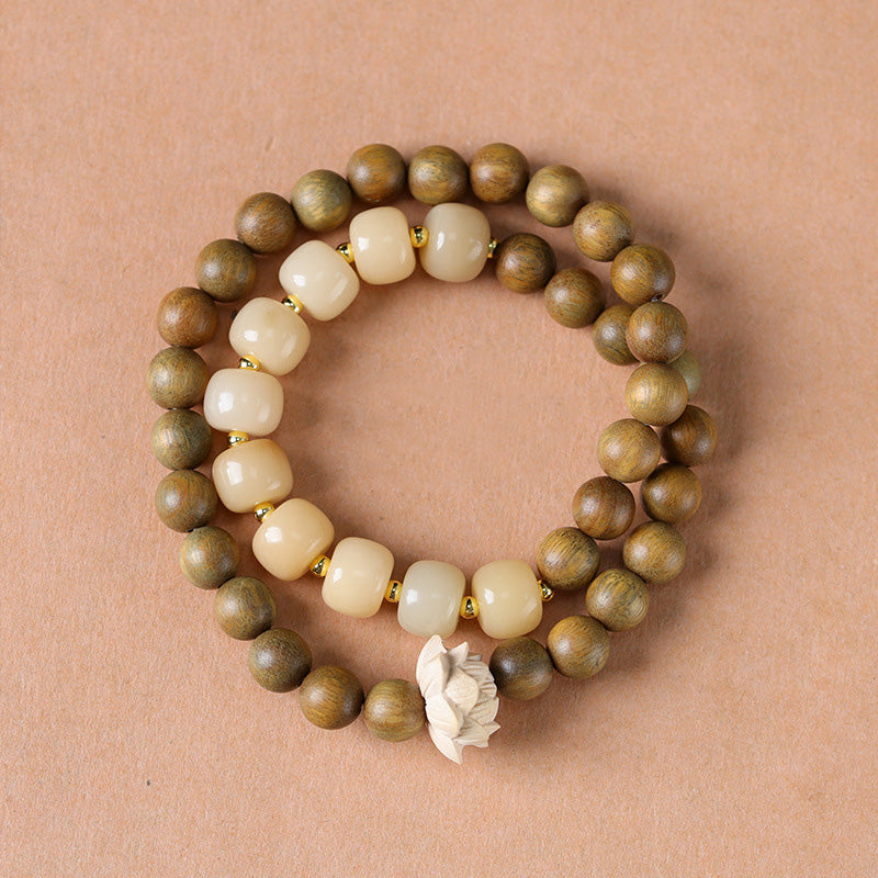 ATELIER-TIBET Bracelet Mala Lotus en Bois de Santal Vert & Graines de Bodhi – Perles ~8 mm