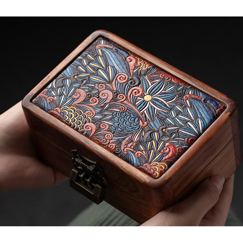 ATELIER-TIBET Boîte de rangement de bijoux en bois de rose à motif floral rétro faite à la main, boîte de rangement verrouillable en bois pour cadeaux