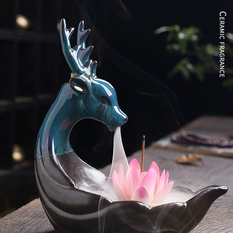 ATELIER-TIBET Brûleur d'encens de méditation en céramique Buddha Stones Little Deer Lotus