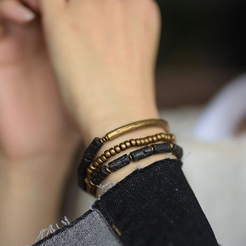 ATELIER-TIBET – Bracelet Spirituel Multi-Tours en Pierre de Lave 6 mm & Cuivre