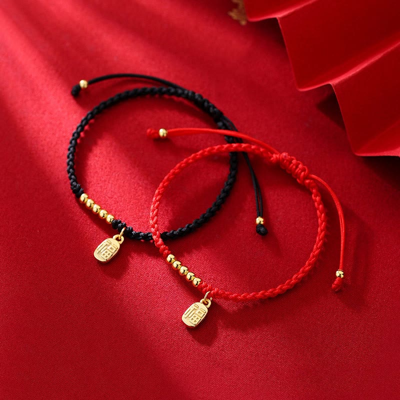 ATELIER-TIBET – Bracelet Fil Rouge avec Symbole Fu (福) en Cuivre